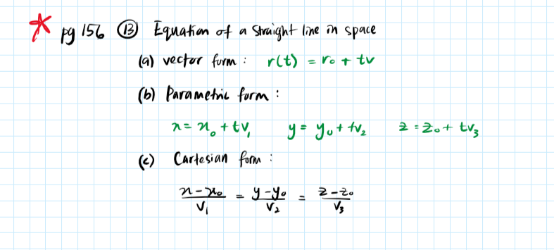* g 156 ® Equuation of a Shraight line in space
Straight line în space
(a) vector furm : r(t) = ro + tv
(b) Parametric form:
n= N,+ tv,
y= Yut tve
2 =2o+ tv;
(e)
Cartesian form :
n-Wo
%3D
