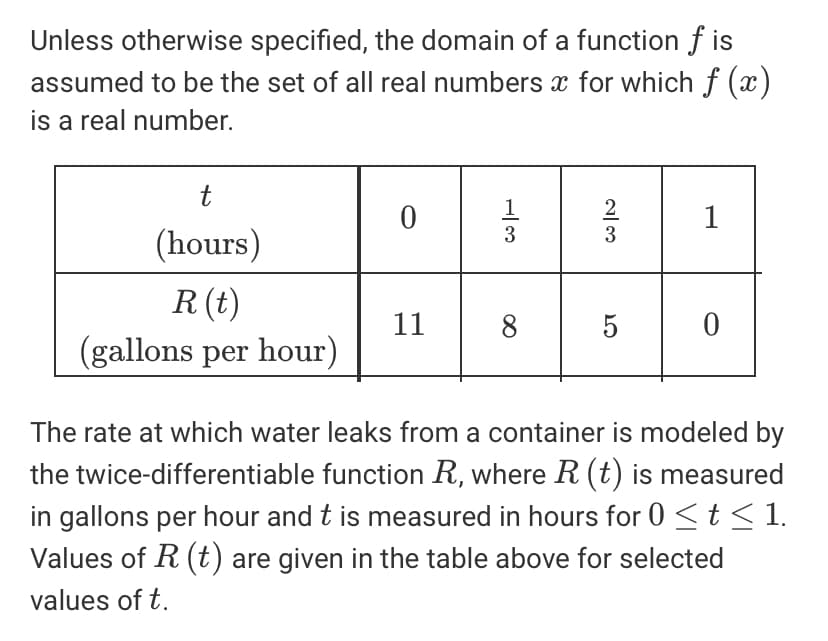 Unless otherwise specified, the domain of a function f is
assumed to be the set of all real numbers x for which f (x)
is a real number.
3
3
(hours)
R (t)
11
8.
5
(gallons per hour)
The rate at which water leaks from a container is modeled by
the twice-differentiable function R, where R (t) is measured
in gallons per hour and t is measured in hours for 0 St<1.
Values of R (t) are given in the table above for selected
values of t.
