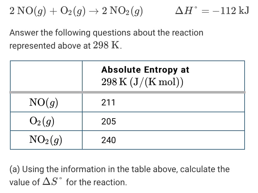 2 NO(g) + O2 (g) → 2 NO2(g)
AH° = –112 kJ
Answer the following questions about the reaction
represented above at 298 K.
Absolute Entropy at
298 K (J/(K mol))
NO(g)
211
O2(g)
205
NO2(9)
240
(a) Using the information in the table above, calculate the
value of AS° for the reaction.
