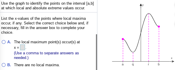 Use the graph to identify the points on the interval [a,b]
at which local and absolute extreme values occur.
List the x-values of the points where local maxima
occur, if any. Select the correct choice below and, if
necessary, fill in the answer box to complete your
choice.
O A. The local maximum point(s) occur(s) at
(Use a comma to separate answers as
needed.)
O B. There are no local maxima.
a
b
