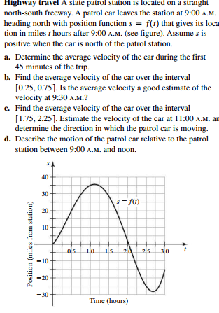 Highway travel A state patrol station is located on a straight
north-south freeway. A patrol car leaves the station at 9:00 A.M.
heading north with position function s = f(t) that gives its loca
tion in miles t hours after 9:00 A.M. (see figure). Assume s is
positive when the car is north of the patrol station.
a. Determine the average velocity of the car during the first
45 minutes of the trip.
b. Find the average velocity of the car over the interval
[0.25, 0.75]. Is the average velocity a good estimate of the
velocity at 9:30 A.M.?
c. Find the average velocity of the car over the interval
[1.75, 2.25]. Estimate the velocity of the car at 11:00 A.M. an
determine the direction in which the patrol car is moving.
d. Describe the motion of the patrol car relative to the patrol
station between 9:00 A.M. and noon.
40-
30
s= f(1)
20
10
0.5
1.0
1.5
25
3,0
10-
20
-30
Time (hours)
Position (mikes from station)
