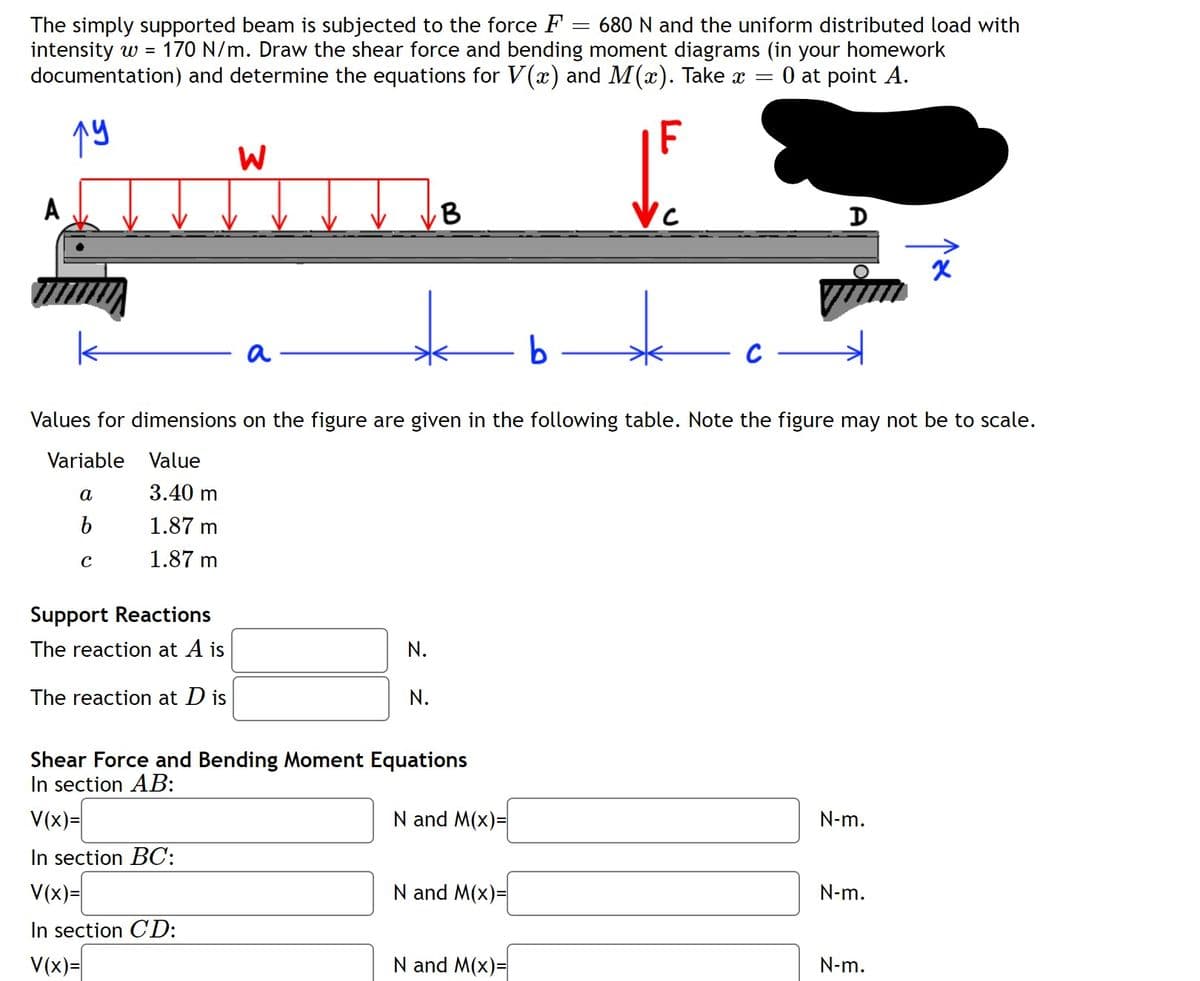 The simply supported beam is subjected to the force F
intensity w =
documentation) and determine the equations for V(x) and M(x). Take x
680 N and the uniform distributed load with
170 N/m. Draw the shear force and bending moment diagrams (in your homework
O at point A.
F
B
Vc
D
a
Values for dimensions on the figure are given in the following table. Note the figure may not be to scale.
Variable
Value
а
3.40 m
1.87 m
C
1.87 m
Support Reactions
The reaction at A is
N.
The reaction at D is
N.
Shear Force and Bending Moment Equations
In section AB:
V(x)=
N and M(x)=
N-m.
In section BC:
V(x)=
N and M(x)=
N-m.
In section CD:
V(x)=
N and M(x)=
N-m.
