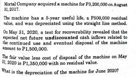 Mortal Company acquired a machine for P3,200,000 on August
31, 2017.
The machine has a 5-year useful life, a P500,000 residual
value, and was depreciated using the straight line method.
On May 31, 2020, a test for recoverability revealed that the
expected net future undiscounted cåsh inflows related to
the continued use and eventual disposal of the machine
amount to P1,500,000.
The fair value less cost of disposal of the machine on May
31, 2020 is P1,350,000 with no residual value.
What is the depreciation of the machine for June 2020?
