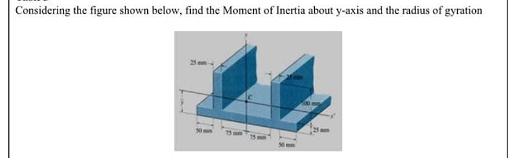 Considering the figure shown below, find the Moment of Inertia about y-axis and the radius of gyration
25 mm.
100 muge
50 mm
50 mm