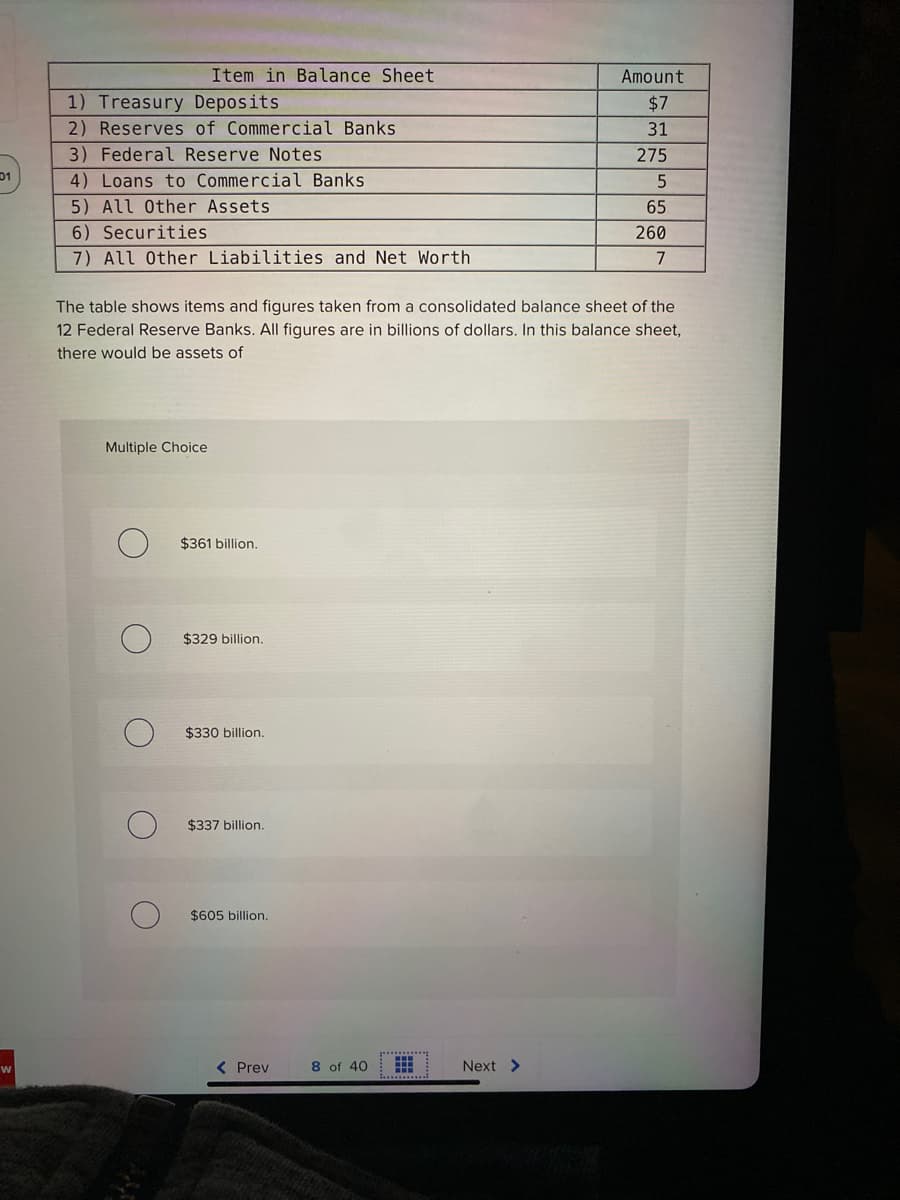 Item in Balance Sheet
Amount
1) Treasury Deposits
2) Reserves of Commercial Banks
$7
31
3) Federal Reserve Notes
275
01
4) Loans to Commercial Banks
5
5) All Other Assets
65
6) Securities
7) All Other Liabilities and Net Worth
260
The table shows items and figures taken from a consolidated balance sheet of the
12 Federal Reserve Banks. All figures are in billions of dollars. In this balance sheet,
there would be assets of
Multiple Choice
$361 billion.
$329 billion.
$330 billion.
$337 billion.
$605 billion.
( Prev
8 of 40
Next >
