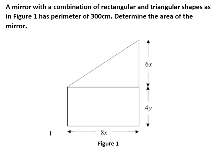 A mirror with a combination of rectangular and triangular shapes as
in Figure 1 has perimeter of 300cm. Determine the area of the
mirror.
6x
4y
8x
Figure 1
