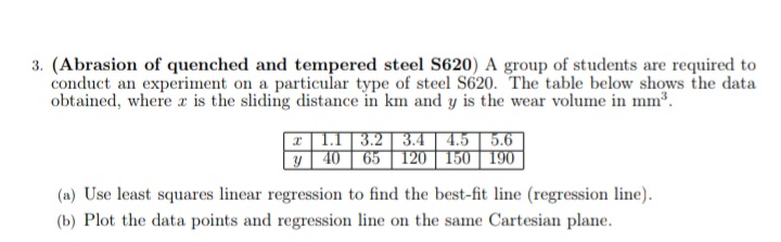 3. (Abrasion of quenched and tempered steel S620) A group of students are required to
conduct an experiment on a particular type of steel S620. The table below shows the data
obtained, where x is the sliding distance in km and y is the wear volume in mm.
|T| 1.1 | 3.2 | 3.4 | 4.5 | 5.6
y 40 | 65 | 120 | 150 | 190 |
(a) Use least squares linear regression to find the best-fit line (regression line).
(b) Plot the data points and regression line on the same Cartesian plane.
