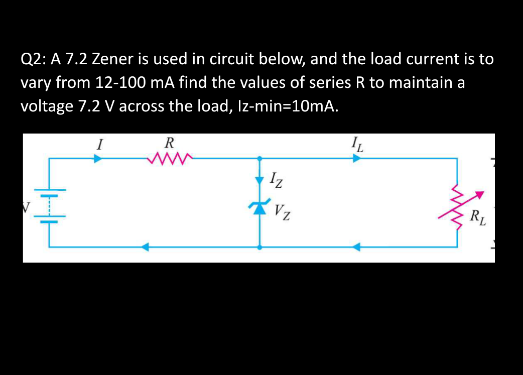 Q2: A 7.2 Zener is used in circuit below, and the load current is to
vary from 12-100 mA find the values of series R to maintain a
voltage 7.2 V across the load, Iz-min=10mA.
R
Iz
Vz
IL
RL