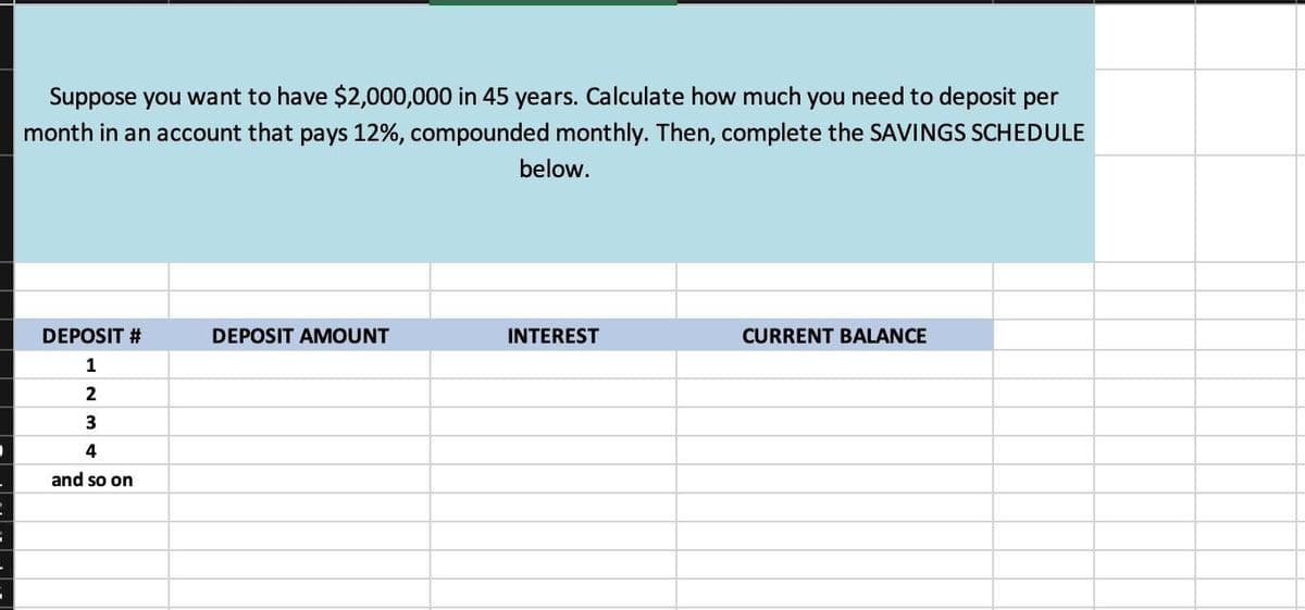 Suppose you want to have $2,000,000 in 45 years. Calculate how much you need to deposit per
month in an account that pays 12%, compounded monthly. Then, complete the SAVINGS SCHEDULE
below.
DEPOSIT #
DEPOSIT AMOUNT
INTEREST
CURRENT BALANCE
1
2
4
and so on
