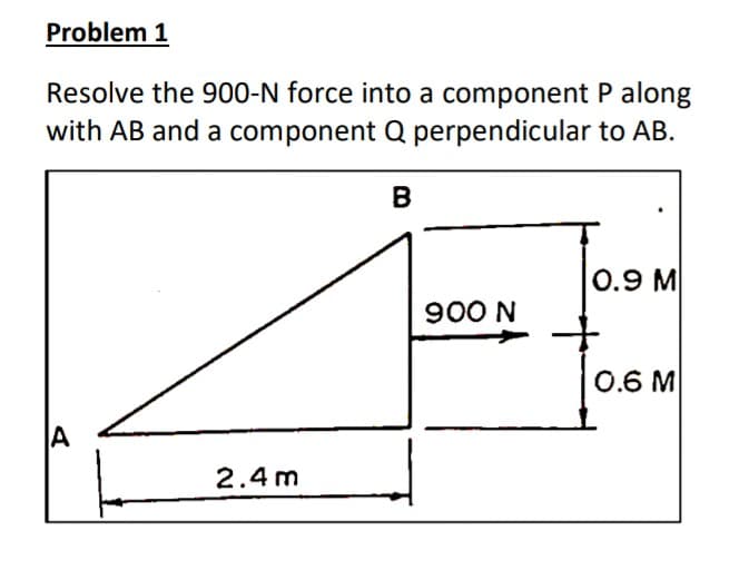 Problem 1
Resolve the 900-N force into a component P along
with AB and a component Q perpendicular to AB.
B
0.9 M
900 N
0.6 M
A
2.4 m
