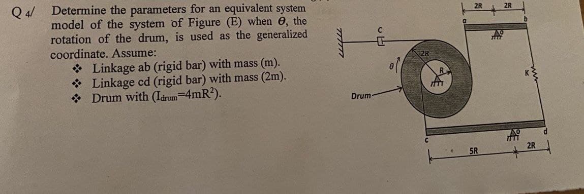 Q4/
Determine the parameters for an equivalent system
model of the system of Figure (E) when , the
rotation of the drum, is used as the generalized
coordinate. Assume:
Linkage ab (rigid bar) with mass (m).
Linkage cd (rigid bar) with mass (2m).
* Drum with (Idrum-4mR²).
TTTTTT
Drum
2R
R
M
a
2R
5R
A
2R
2R