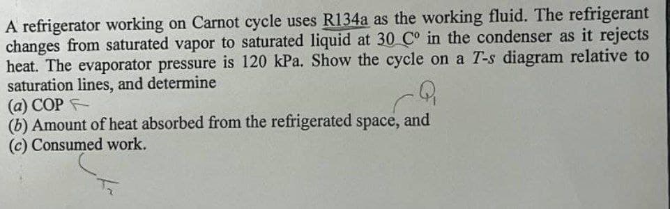 A refrigerator working on Carnot cycle uses R134a as the working fluid. The refrigerant
changes from saturated vapor to saturated liquid at 30 C° in the condenser as it rejects
heat. The evaporator pressure is 120 kPa. Show the cycle on a T-s diagram relative to
saturation lines, and determine
(a) COP F
(b) Amount of heat absorbed from the refrigerated space, and
(c) Consumed work.