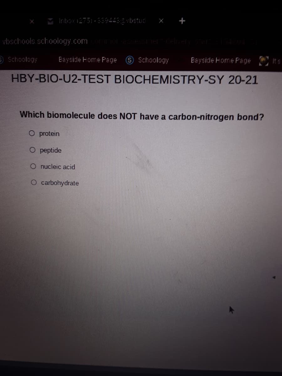 Inbox12751-33443 E ebstud
+
vbschools.schoology.com oesSESECEReVT 404
Schoology
Bayside Home Page
S Schoology
Bayside Home Pa Je
HBY-BIO-U2-TEST BIOCHEMISTRY-SY 20-21
Which biomolecule does NOT have a carbon-nitrogen bond?
O protein
O peptide
O nucleic acid
O carbohydrate
