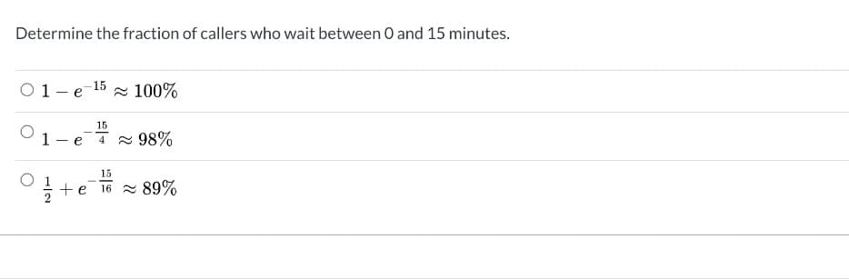 Determine the fraction of callers who wait between 0 and 15 minutes.
01-e-15 ≈100%
15
1-e 4≈ 98%
15
+ e 16≈ 89%