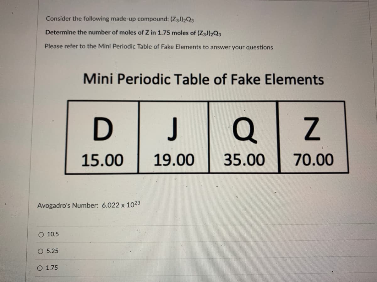 Consider the following made-up compound: (Z3J)2Q3
Determine the number of moles of Z in 1.75 moles of (Z3J2Q3
Please refer to the Mini Periodic Table of Fake Elements to answer your questions
10.5
Avogadro's Number: 6.022 x 1023
O 5.25
Mini Periodic Table of Fake Elements
O 1.75
D
15.00
J
19.00
Q
35.00
Z
70.00