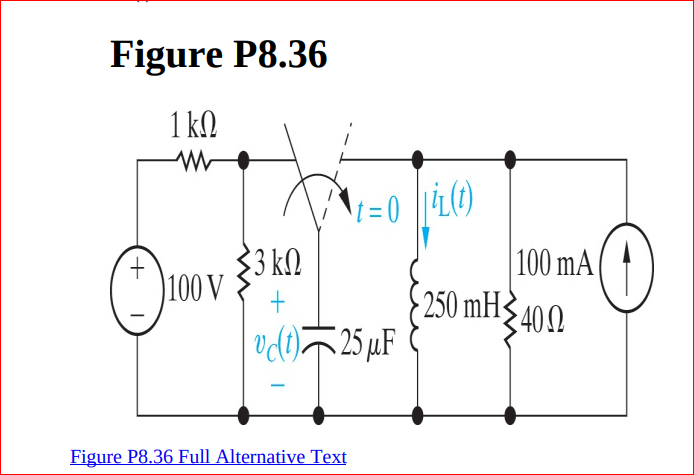 Figure P8.36
1 k.
\1=0 iL0)
33 kN
100 V
100 mA(
250 mH340.
vdi25 µF
Figure P8.36 Full Alternative Text
