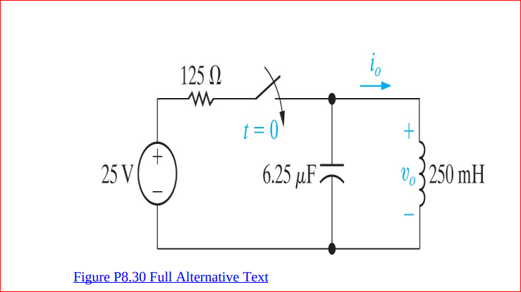 is
125 N
t = 0
t.
25 V
6.25 µF7
Vo3250 mH
Figure P8.30 Full Alternative Text
HE
