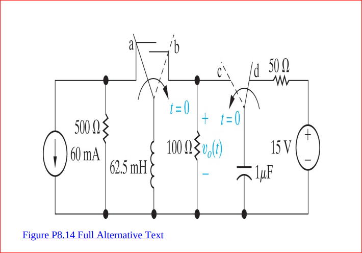 a
/d 500
t = 0
+ t=0
500 N{
+,
15 V
60 mA
| 62.5 mH
100 NZv,0)
µF
Figure P8.14 Full Alternative Text
