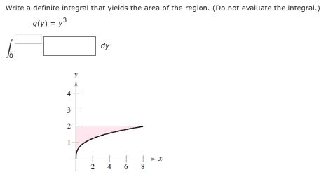 Write a definite Integral that ylelds the area of the reglon. (Do not evaluate the integral.)
gly) = y3
dy
3+
2.
4
6
8.
2.
