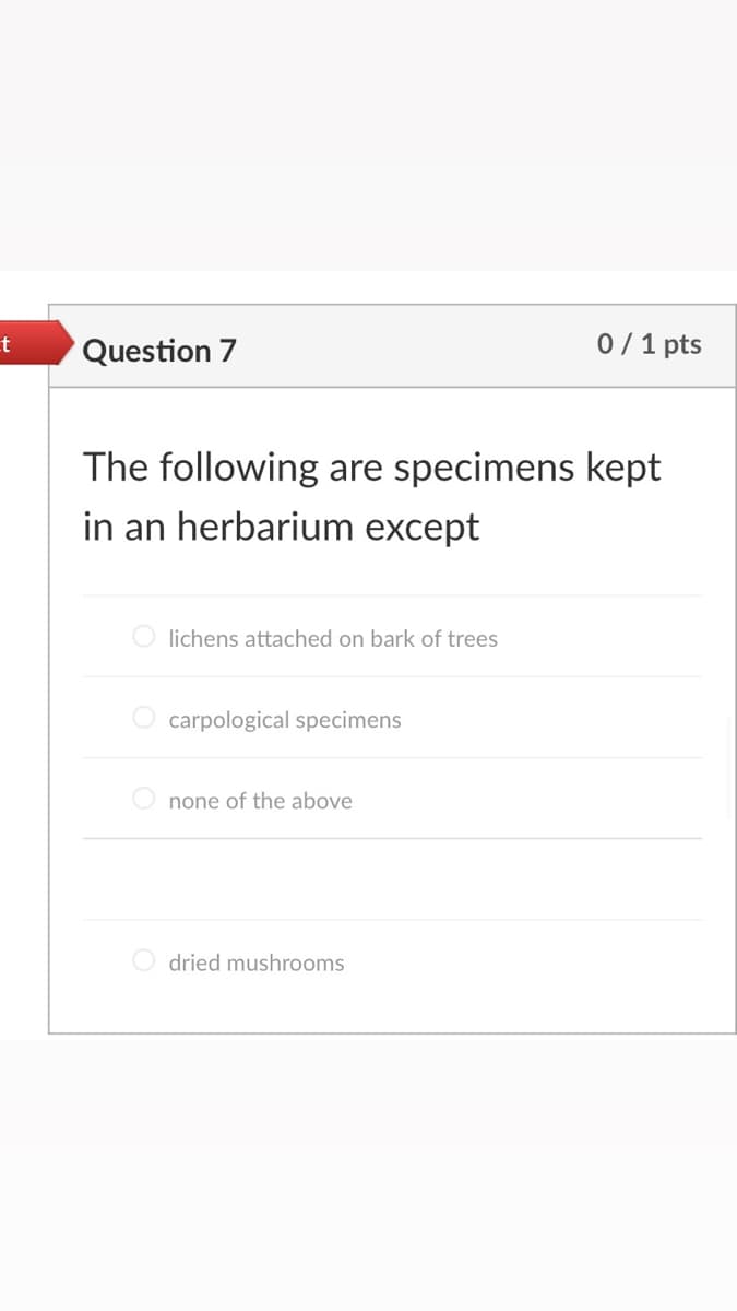 Question 7
0/1 pts
The following are specimens kept
in an herbarium except
O lichens attached on bark of trees
carpological specimens
none of the above
dried mushrooms
