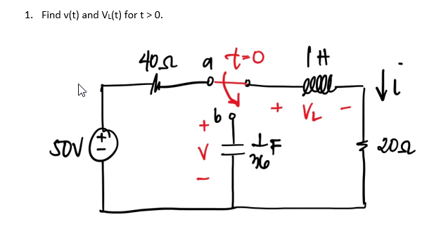 1. Find v(t) and Vi(t) for t > 0.
SOV
(+1
40 a to
th
-0.
+ > 1
9
$T
36
| H
eelle
V₂
+ VL
-
di
202