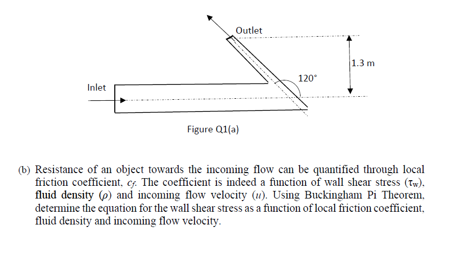Outlet
1.3 m
120°
Inlet
Figure Q1(a)
(b) Resistance of an object towards the incoming flow can be quantified through local
friction coefficient, cf. The coefficient is indeed a function of wall shear stress (Tw),
fluid density (p) and incoming flow velocity (u). Using Buckingham Pi Theorem,
determine the equation for the wall shear stress as a function of local friction coefficient,
fluid density and incoming flow velocity.
