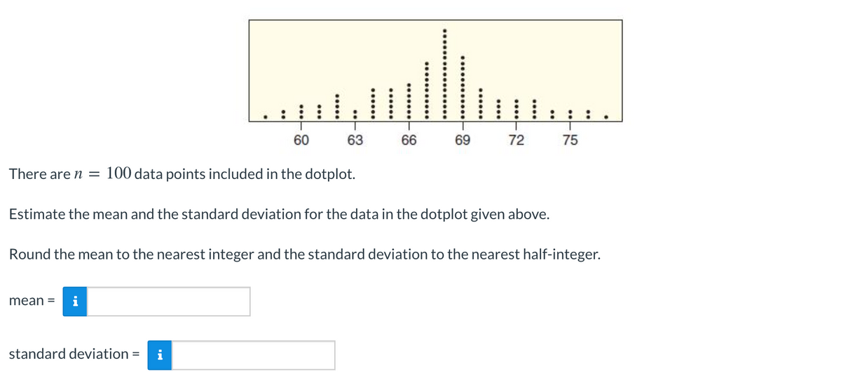 60
63
66
69
72
75
There are n = 100 data points included in the dotplot.
Estimate the mean and the standard deviation for the data in the dotplot given above.
Round the mean to the nearest integer and the standard deviation to the nearest half-integer.
mean =
standard deviation
i
