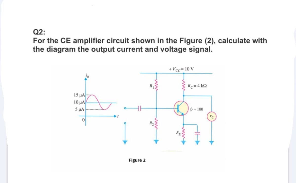 Q2:
For the CE amplifier circuit shown in the Figure (2), calculate with
the diagram the output current and voltage signal.
+ Vcc= 10 V
R13
Rc=4 kN
15 μΑ.
10 μΑ
5 μΑ
B = 100
Figure 2
