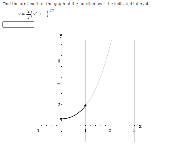 Find the arc length of the graph of the function over the indicated interval.
x2
3/2
+ 1
y =
y
4
1
3
2,
