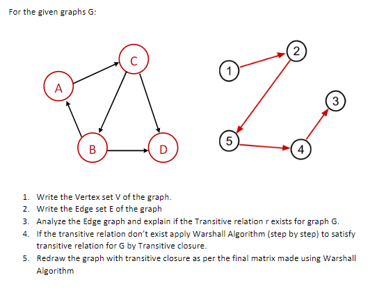 For the given graphs G:
2
A
3
5
В
D
1. Write the Vertex set V of the graph.
2. Write the Edge set E of the graph
3. Analyze the Edge graph and explain if the Transitive relation r exists for graph G.
4. If the transitive relation don't exist apply Warshall Algorithm (step by step) to satisfy
transitive relation for G by Transitive closure.
5. Redraw the graph with transitive closure as per the final matrix made using Warshall
Algorithm
