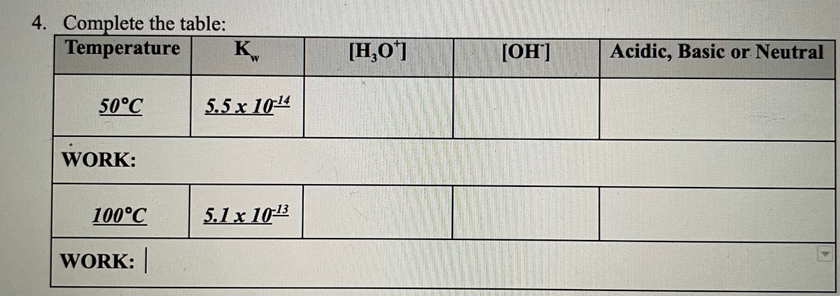 4. Complete the table:
Temperature
K,
[H,O]
[OH]
Acidic, Basic or Neutral
50°C
5.5 x 1014
WORK:
100°C
5.1 x 103
WORK:
