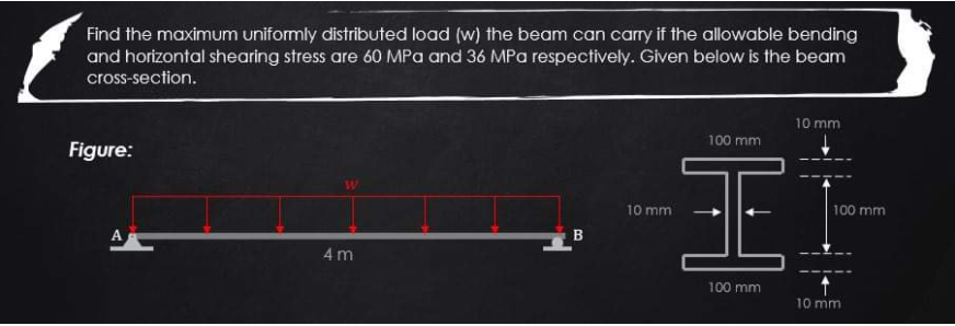 Find the maximum uniformly distributed load (w) the beam can carry if the allowable bending
and horizontal shearing stress are 60 MPa and 36 MPa respectively. Given below is the beam
cross-section.
10 mm
100 mm
Figure:
10 mm
100 mm
A
4 m
100 mm
10 mm
