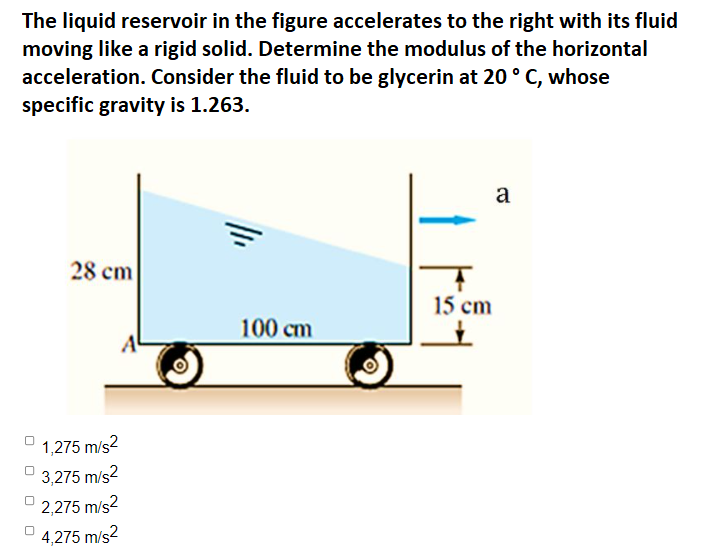 The liquid reservoir in the figure accelerates to the right with its fluid
moving like a rigid solid. Determine the modulus of the horizontal
acceleration. Consider the fluid to be glycerin at 20 ° C, whose
specific gravity is 1.263.
a
28 cm
15 cm
100 cm
1,275 m/s2
3,275 m/s2
2,275 m/s2
4,275 m/s2
