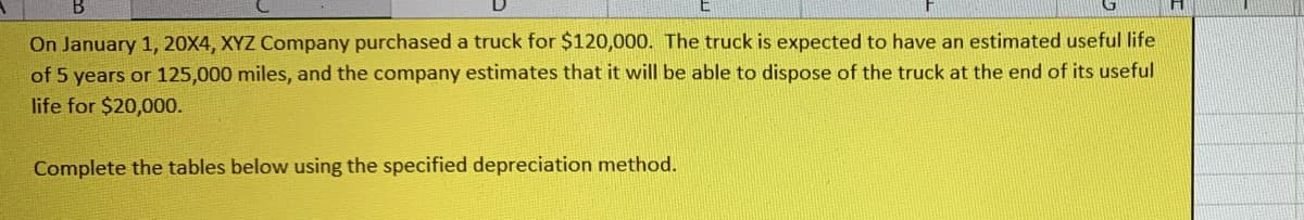 On January 1, 20X4, XYZ Company purchased a truck for $120,000. The truck is expected to have an estimated useful life
of 5 years or 125,000 miles, and the company estimates that it will be able to dispose of the truck at the end of its useful
life for $20,000.
Complete the tables below using the specified depreciation method.
