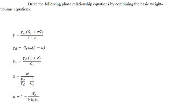 Drive the following phase relationship equations by combining the basic weight-
volume equations.
Yw (G, + es)
1+e
Ya = G,Yw(1 – n)
Ya (1 + e)
Yw =
G5
S =
Yw
Ya
W,
n = 1-
VG,Yw
