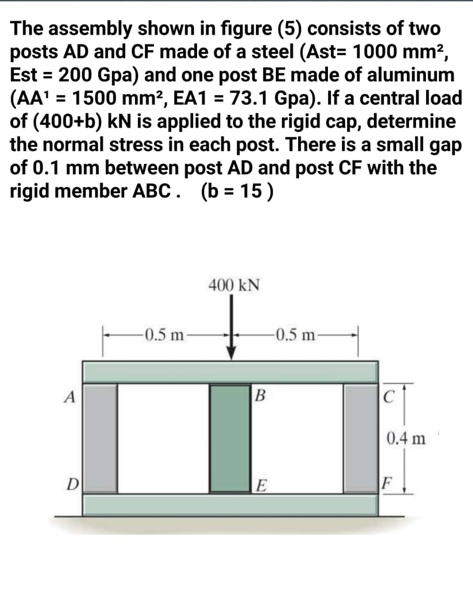 The assembly shown in figure (5) consists of two
posts AD and CF made of a steel (Ast= 1000 mm?,
Est = 200 Gpa) and one post BE made of aluminum
(AA' = 1500 mm?, EA1 = 73.1 Gpa). If a central load
of (400+b) kN is applied to the rigid cap, determine
the normal stress in each post. There is a small gap
of 0.1 mm between post AD and post CF with the
rigid member ABC. (b = 15)
%3D
%3D
400 kN
-0.5 m
-0.5 m
A
B
C
0.4 m
D
E
