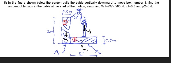 5) In the figure shown below the person pulls the cable vertically downward to move box number 1, find the
amount of tension in the cable at the start of the motion, assuming W1=W2= 500 N, p1=0.3 and p2=0.6.
