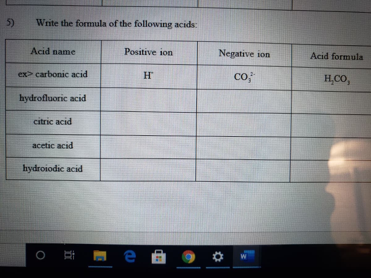 5)
Write the formmula of the following acids:
Acıd name
Positive 1on
Negative 1on
Acıd formula
ex> carbonic acid
Co;
H,CO,
hydrofluorie acid
citric acid
acetic acid
hydroiodie acid
