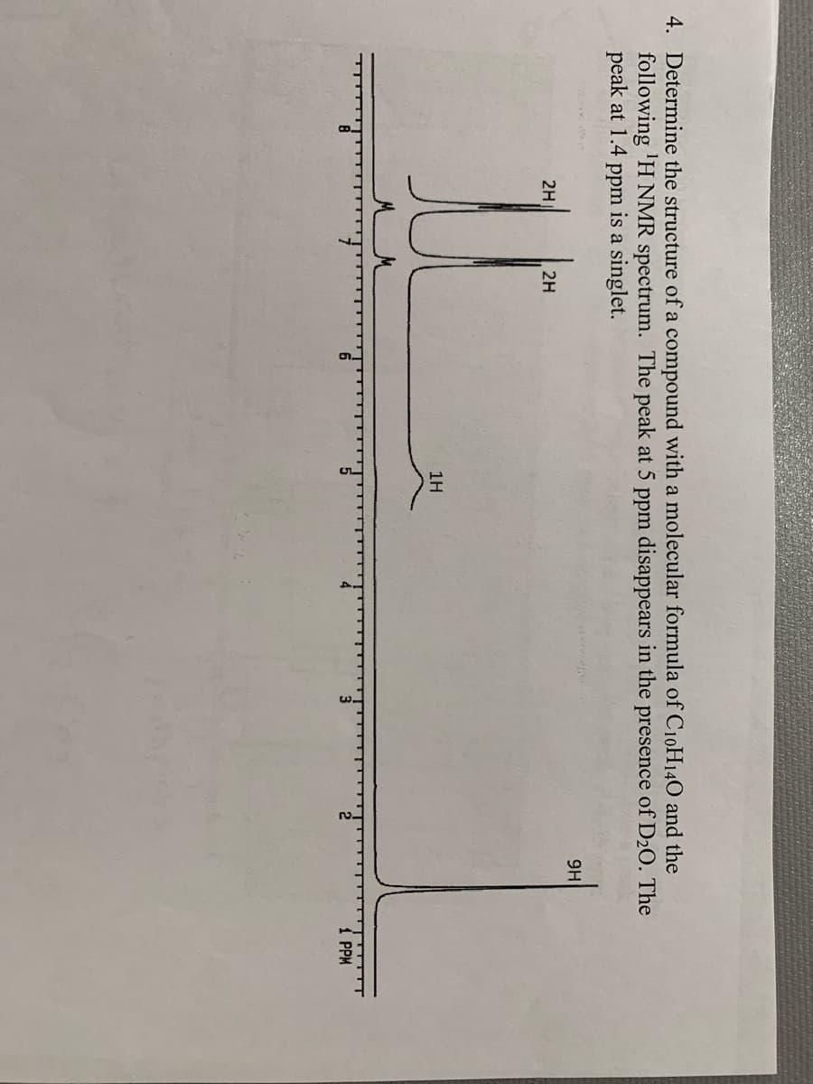 4. Determine the structure of a compound with a molecular formula of C10H140 and the
following 'H NMR spectrum. The peak at 5 ppm disappears in the presence of D20. The
peak at 1.4 ppm is a singlet.
2H
2H
1H
Í PPM
