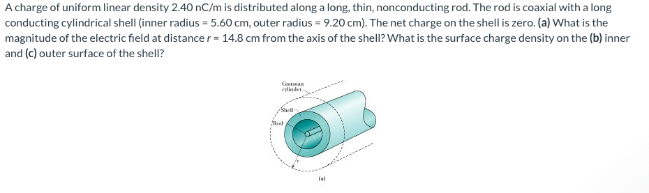 A charge of uniform linear density 2.40 nC/m is distributed along a long, thin, nonconducting rod. The rod is coaxial with a long
conducting cylindrical shell (inner radius = 5.60 cm, outer radius = 9.20 cm). The net charge on the shell is zero. (a) What is the
magnitude of the electric field at distance r = 14.8 cm from the axis of the shell? What is the surface charge density on the (b) inner
and (c) outer surface of the shell?
Gaussian
cylinder
Shell
Rod-
(a)
