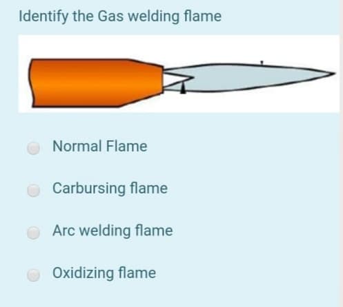 Identify the Gas welding flame
Normal Flame
Carbursing flame
Arc welding flame
Oxidizing flame
