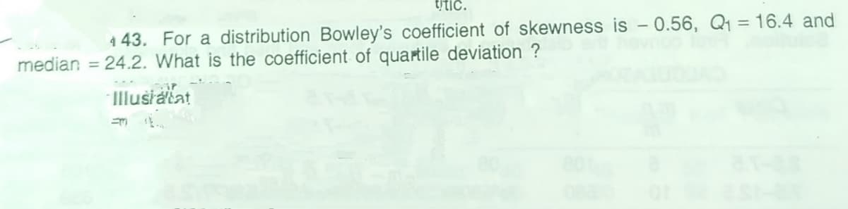 4 43. For a distribution Bowley's coefficient of skewness is - 0.56, Q1 = 16.4 and
median = 24.2. What is the coefficient of quartile deviation ?
Illusiatat
