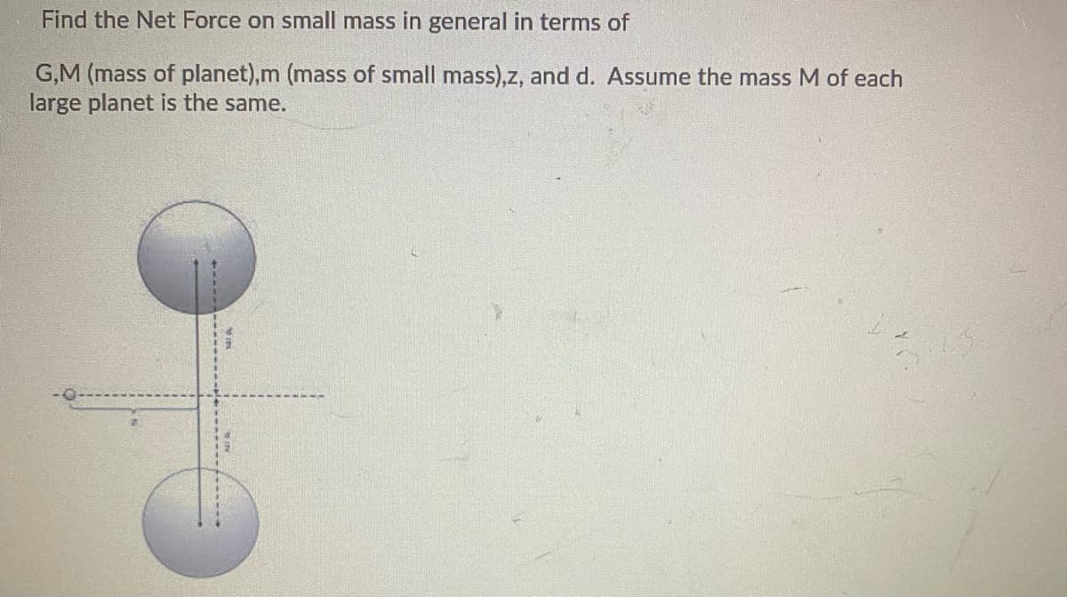 Find the Net Force on small mass in general in terms of
G,M (mass of planet),m (mass of small mass),z, and d. Assume the mass M of each
large planet is the same.
