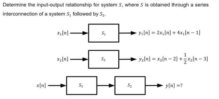 Determine the input-output relationship for system S, where S is obtained through a series
interconnection of a system S, followed by S2.
yı[n] 2x,[n] + 4x,[n 1]
1
x2[n]
Yaln] = x2[n - 2] +x2ln – 3]
S2
x[n]
S2
y[n] =?
