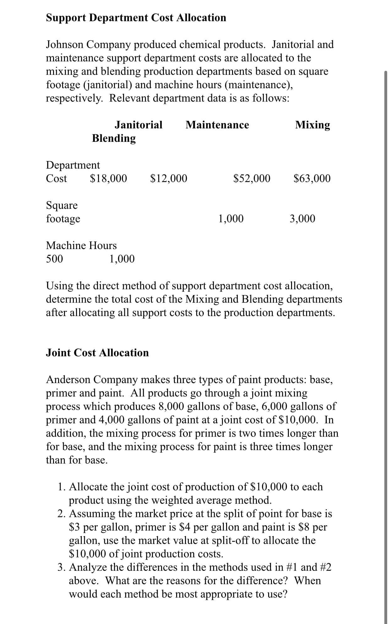 Support Department Cost Allocation
Johnson Company produced chemical products. Janitorial and
maintenance support department costs are allocated to the
mixing and blending production departments based on square
footage (janitorial) and machine hours (maintenance),
respectively. Relevant department data is as follows:
Janitorial
Maintenance
Mixing
Blending
Department
$18,000
Cost
$12,000
$52,000
$63,000
Square
footage
1,000
3,000
Machine Hours
500
1,000
Using the direct method of support department cost allocation,
determine the total cost of the Mixing and Blending departments
after allocating all support costs to the production departments.
Joint Cost Allocation
Anderson Company makes three types of paint products: base,
primer and paint. All products go through a joint mixing
process which produces 8,000 gallons of base, 6,000 gallons of
primer and 4,000 gallons of paint at a joint cost of $10,000. In
addition, the mixing process for primer is two times longer than
for base, and the mixing process for paint is three times longer
than for base.
1. Allocate the joint cost of production of $10,000 to each
product using the weighted average method.
2. Assuming the market price at the split of point for base is
$3 per gallon, primer is $4 per gallon and paint is $8 per
gallon, use the market value at split-off to allocate the
$10,000 of joint production costs.
3. Analyze the differences in the methods used in #1 and #2
above. What are the reasons for the difference? When
would each method be most appropriate to use?
