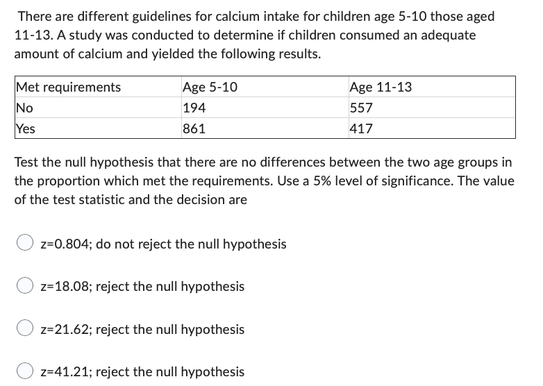 There are different guidelines for calcium intake for children age 5-10 those aged
11-13. A study was conducted to determine if children consumed an adequate
amount of calcium and yielded the following results.
Met requirements
No
Yes
Age 5-10
194
861
Test the null hypothesis that there are no differences between the two age groups in
the proportion which met the requirements. Use a 5% level of significance. The value
of the test statistic and the decision are
z=0.804; do not reject the null hypothesis
z=18.08; reject the null hypothesis
z=21.62; reject the null hypothesis
Age 11-13
557
417
z=41.21; reject the null hypothesis