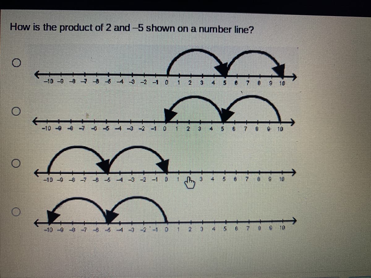How is the product of 2 and -5 shown on a number line?
-10-9 -8
-2-1 01 2
4
5 0 7 0 9 10
-10-9
0 1 2 3 4 5 6
9 10
-10-9 7 4 -3 -2 -1 D
1 小
4.
8.
10
1 ヶ-0- 0-0-
7.
010
