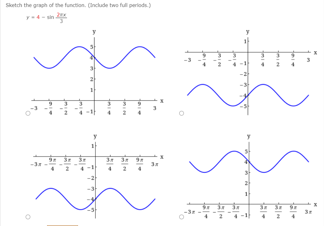 Sketch the graph of the function. (Include two full periods.)
2лх
y = 4 – sin
3
y
y
1
5
9
3
3
3
9
-3
4
4 -1
3
– 2
2
-3
1
3
3
9
-3
3
4 -1
4
2
y
y
X
3 7
3 7
Зл
9л
-3A -
4
|
2
4 -1
4
-2
2
1
3 7
37
3 7
-3 7
4
4 -1F
4
4
