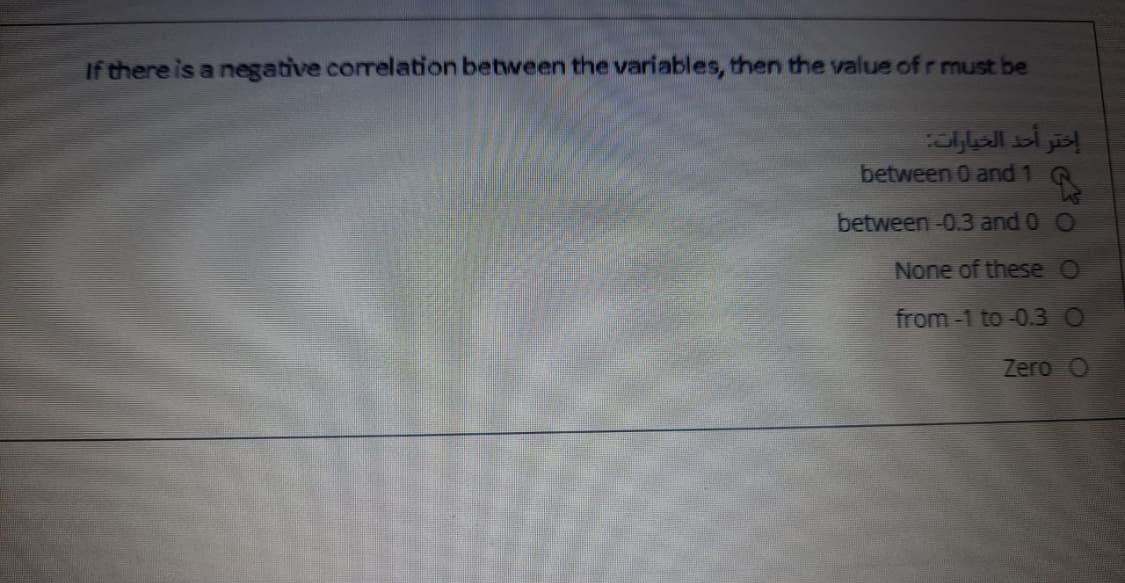 If there is a negative correlation between the variables, then the value of r must be
إختر أحد الخيارات
between 0 and 1
between-0.3 and 0 O
None of these O
from-1 to-0.3 O
Zero O

