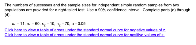 The numbers of successes and the sample sizes for independent simple random samples from two
populations are provided for a right-tailed test. Use a 90% confidence interval. Complete parts (a) through
(d).
x₁ = 11, n₁ = 60, x₂ = 10, n₂ = 70, x=0.05
Click here to view a table of areas under the standard normal curve for negative values of z.
Click here to view a table of areas under the standard normal curve for positive values of z.